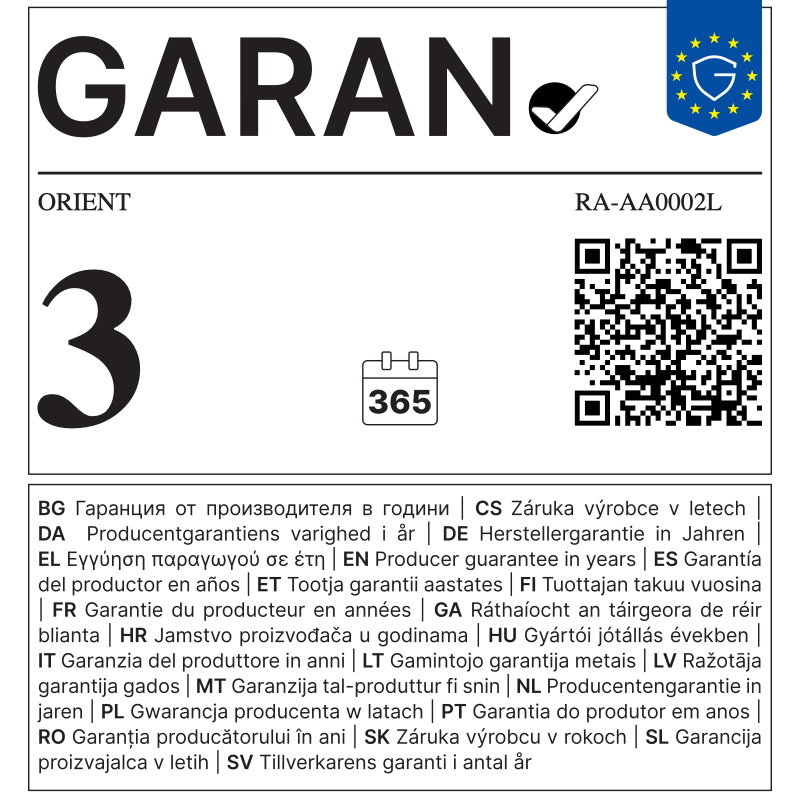 EU GARAN label - ORIENT RA-AA0002L - 3 year producer guarantee of durability