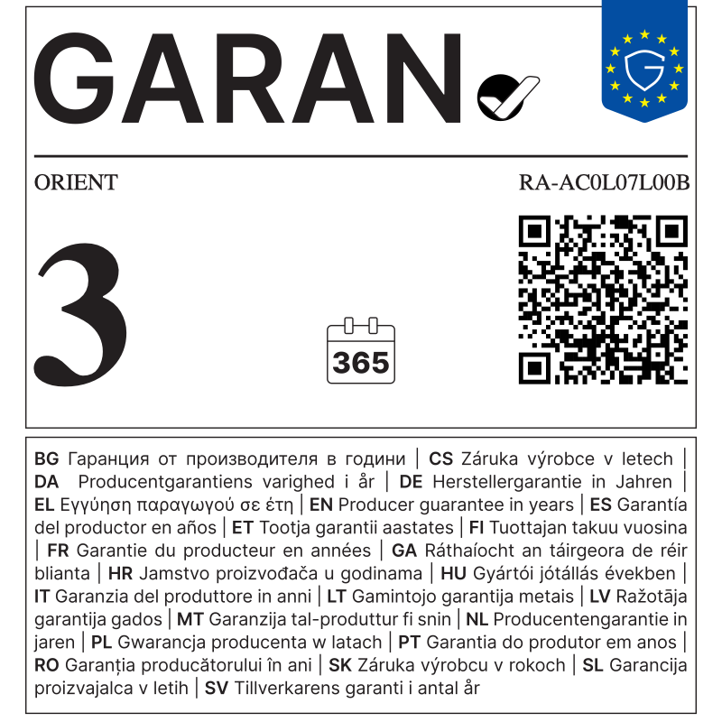 EU GARAN label - ORIENT RA-AC0L07L00B - 3 year producer guarantee of durability